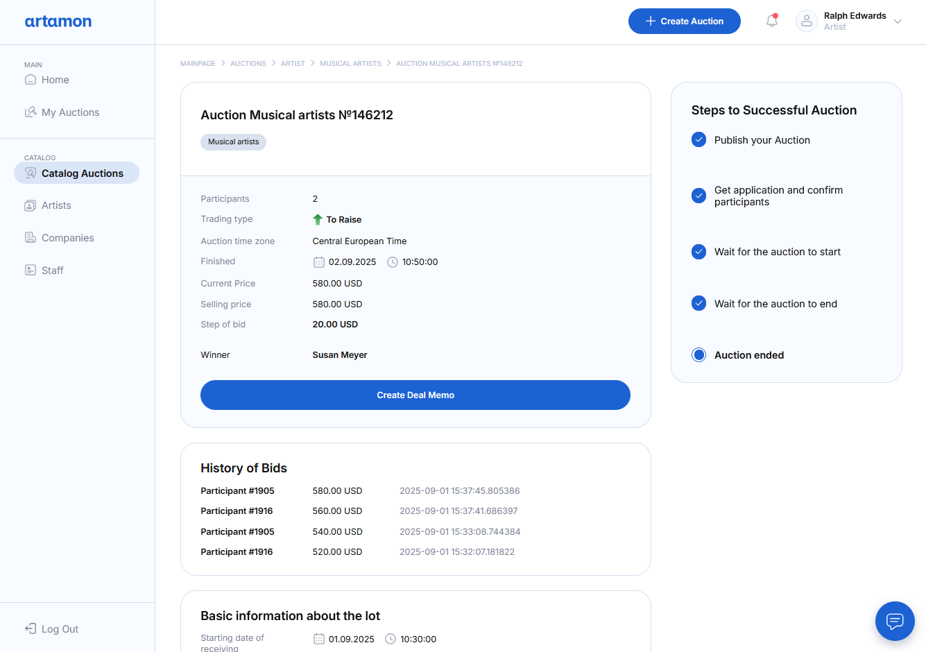 Artamon bid comparison and history screen